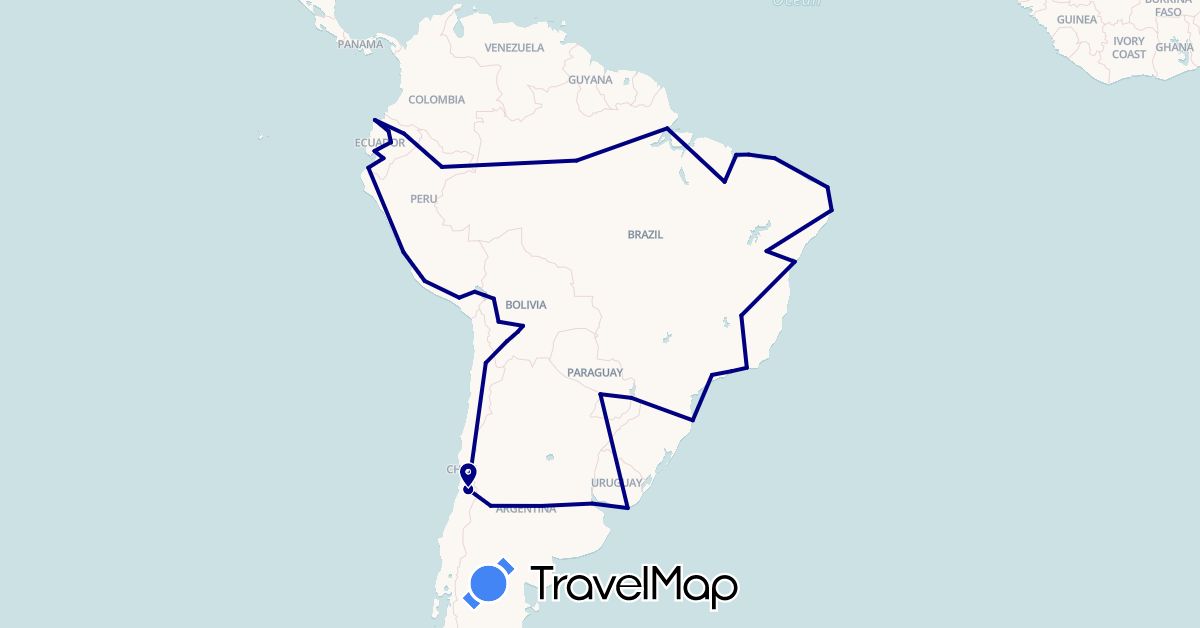 TravelMap itinerary: driving in Argentina, Bolivia, Brazil, Chile, Ecuador, Peru, Paraguay, Uruguay (South America)