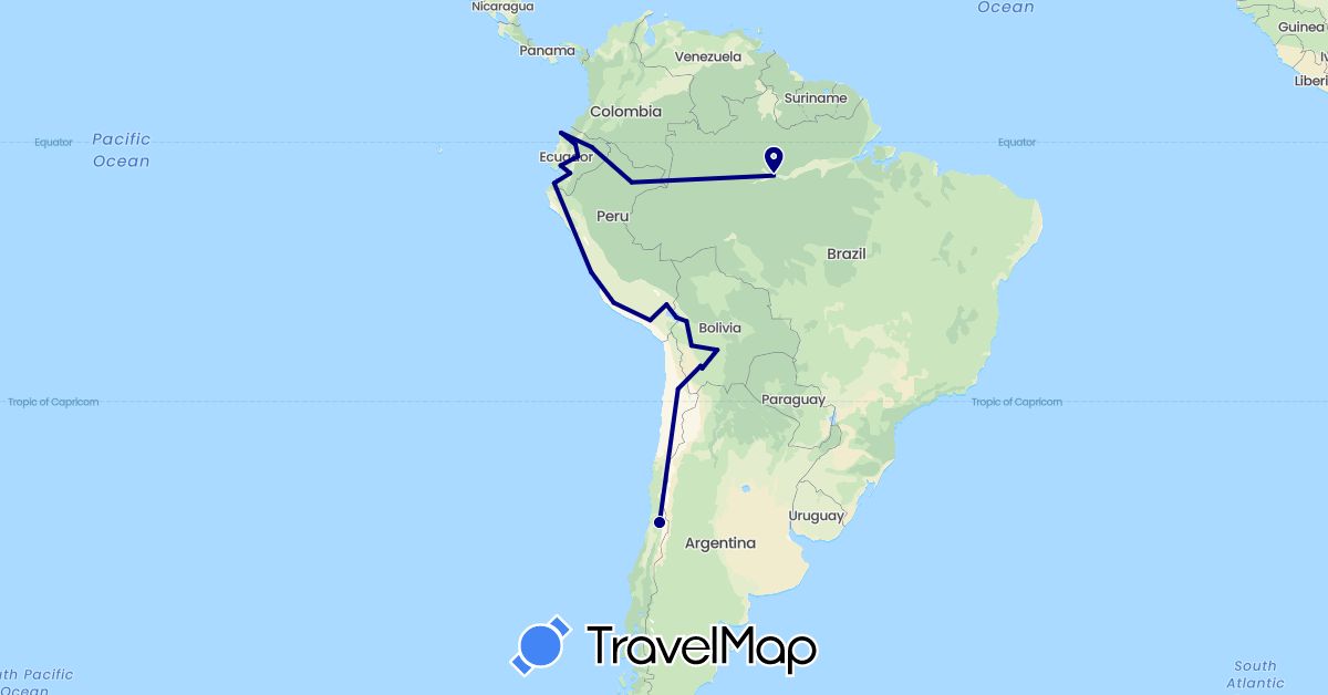 TravelMap itinerary: driving in Bolivia, Brazil, Chile, Ecuador, Peru (South America)